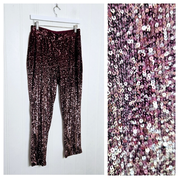 Cable & Gauge Pants Womens Size S Burgundy Allover Sequins Pockets Pull-on - Picture 1 of 12
